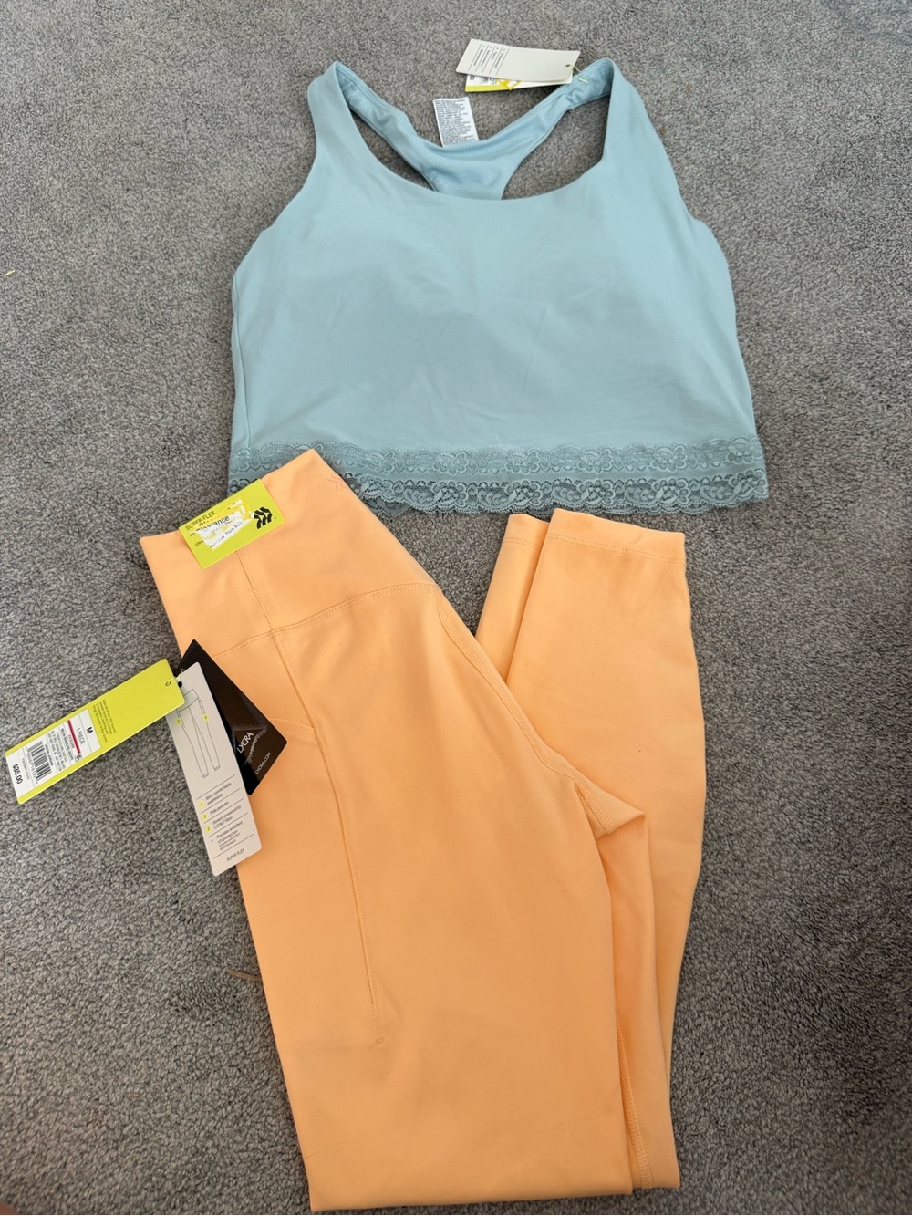 All in Motion Light Blue Lace Hem Sports Bra/tank + Light Orange Leggings Set